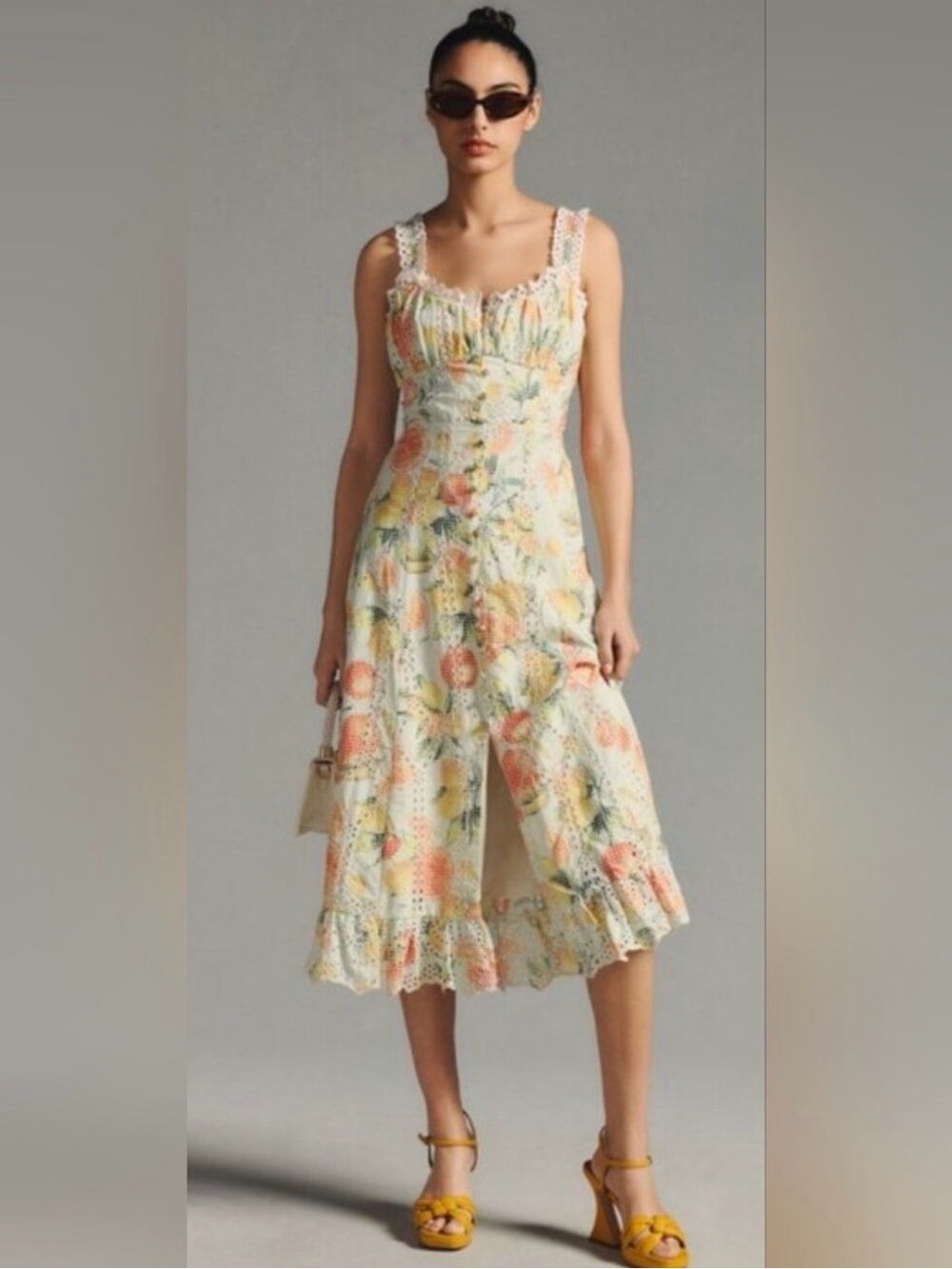 Anthropologie Floral Lace-Trim Midi Dress in Pastel Multi